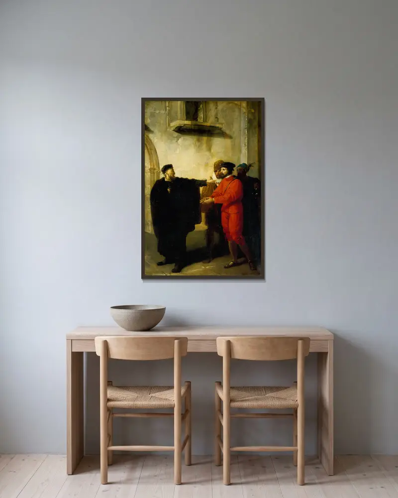 Shylock rebuffing Antonio av Richard Westall inramad på en vägg