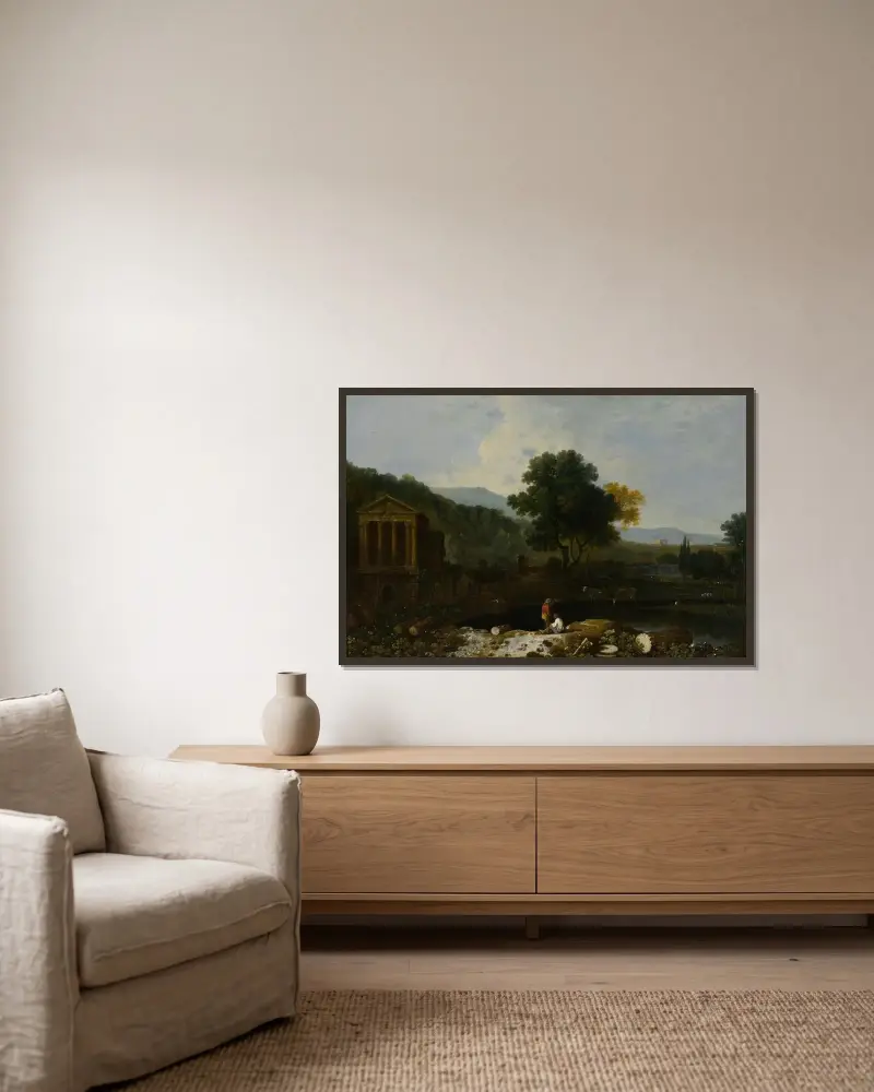 Italiensk flodvy med Clitumnus tempel och ruiner, två figurer och kor av Richard Wilson inramad på en vägg