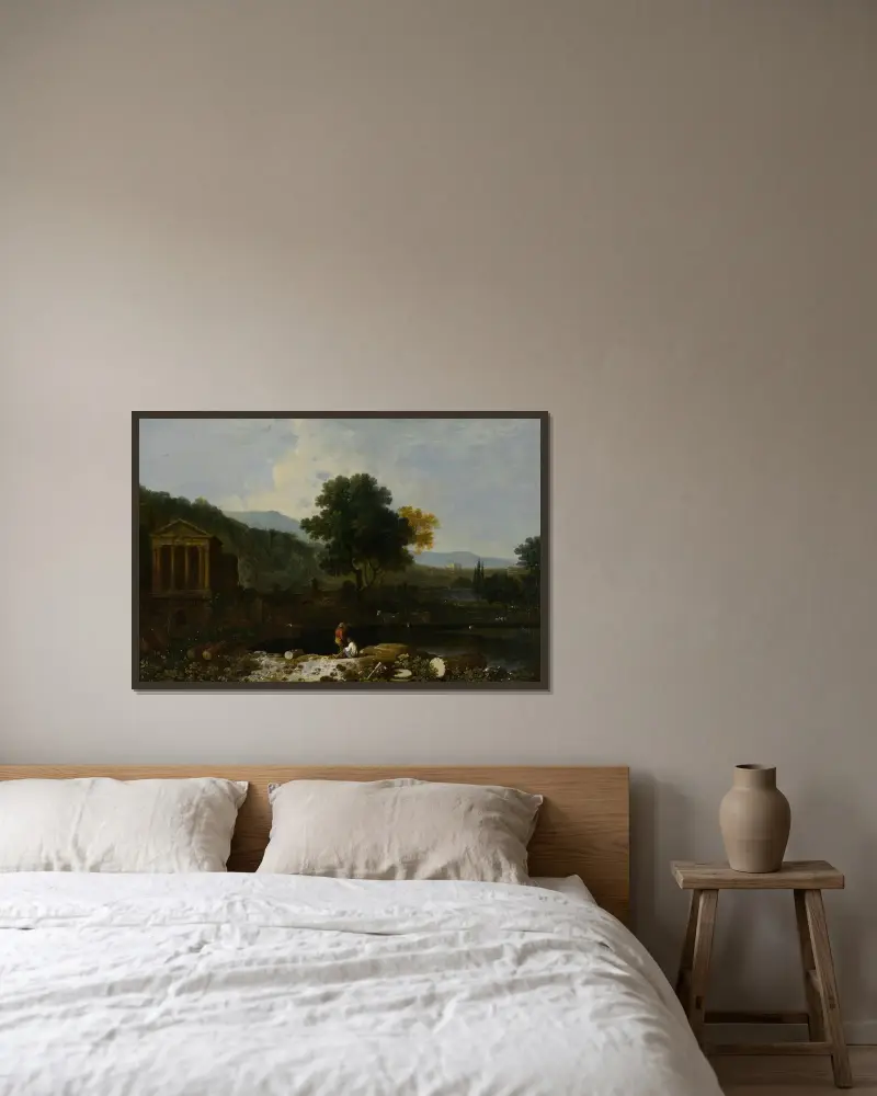 Italiensk flodvy med Clitumnus tempel och ruiner, två figurer och kor av Richard Wilson inramad på en vägg
