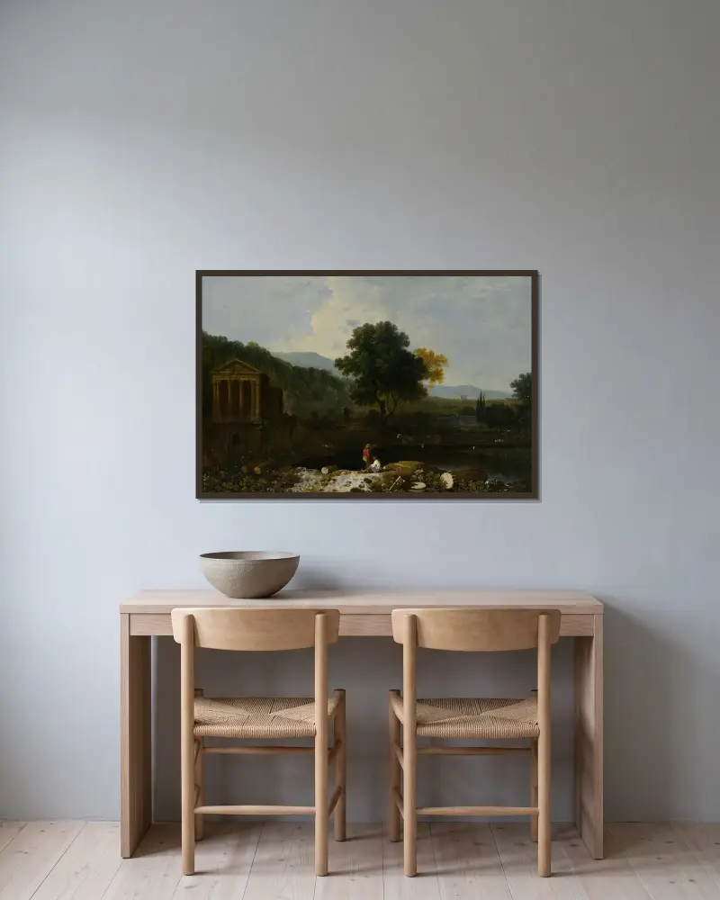 Italiensk flodvy med Clitumnus tempel och ruiner, två figurer och kor av Richard Wilson inramad på en vägg