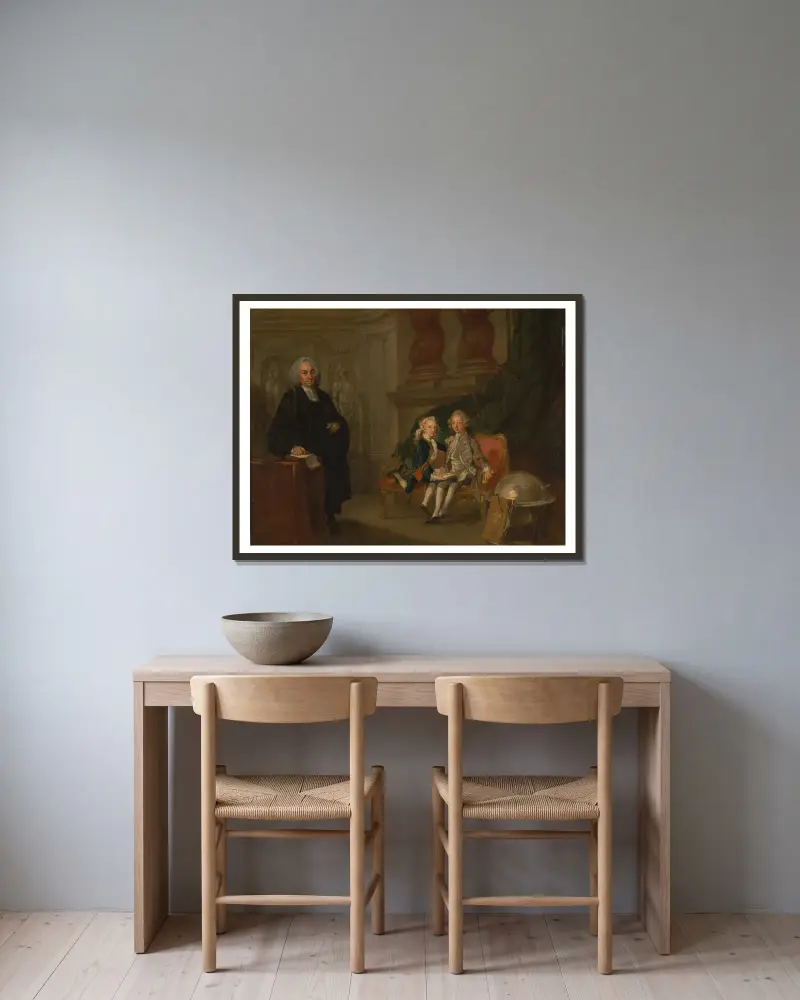 Prince George and Prince Edward Augustus, Sons of Frederick, Prince of Wales, with Their Tutor Dr. F… av Richard Wilson inramad på en vägg