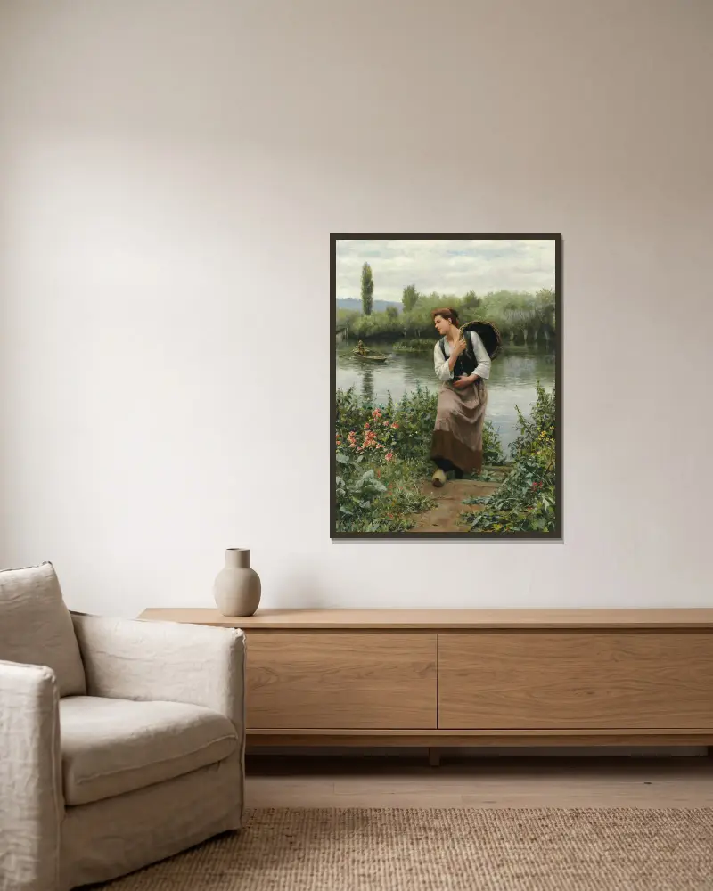 A Woman with a Basket av Daniel Ridgway Knight inramad på en vägg