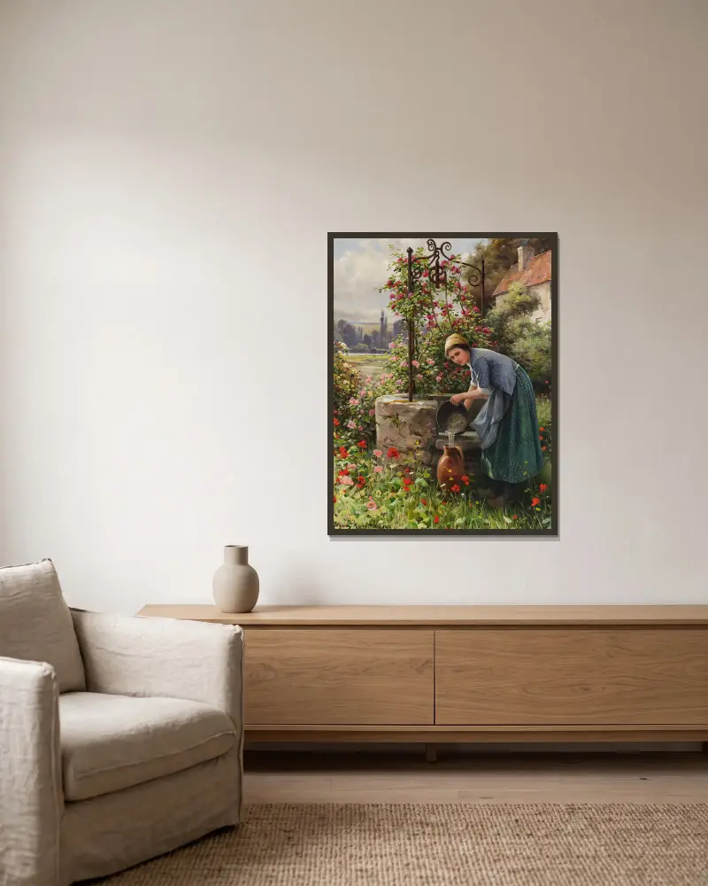 At the Garden Well, Paris av Daniel Ridgway Knight inramad på en vägg