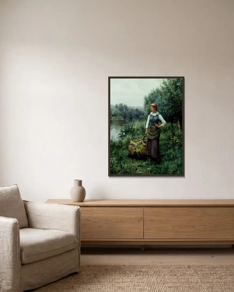 Girl by a Stream, Flanders av Daniel Ridgway Knight inramad på en vägg