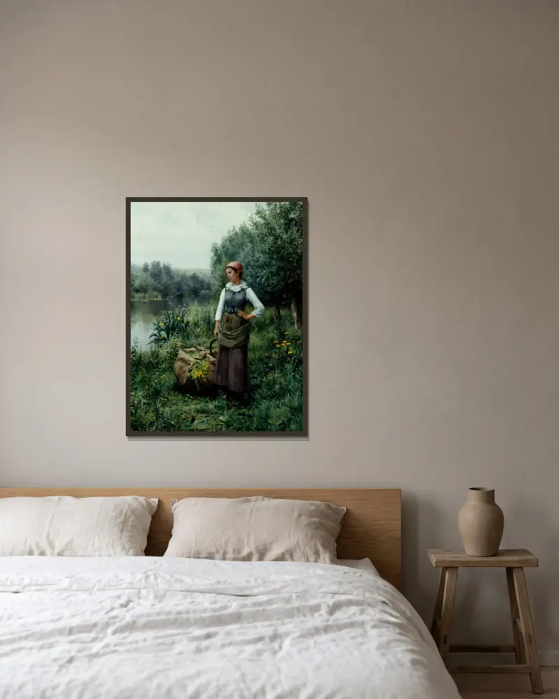 Girl by a Stream, Flanders av Daniel Ridgway Knight inramad på en vägg