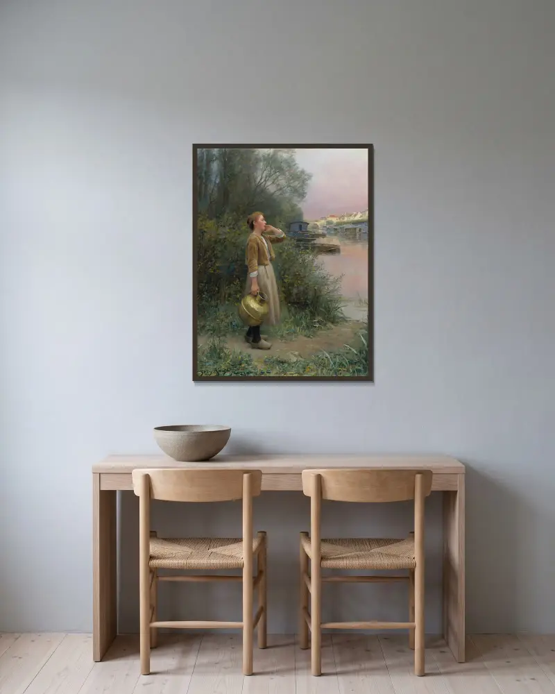 Girl With Water Jug av Daniel Ridgway Knight inramad på en vägg