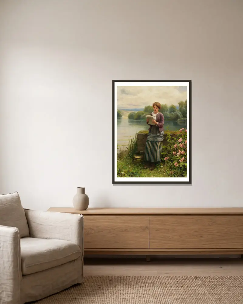 Interesting News av Daniel Ridgway Knight inramad på en vägg