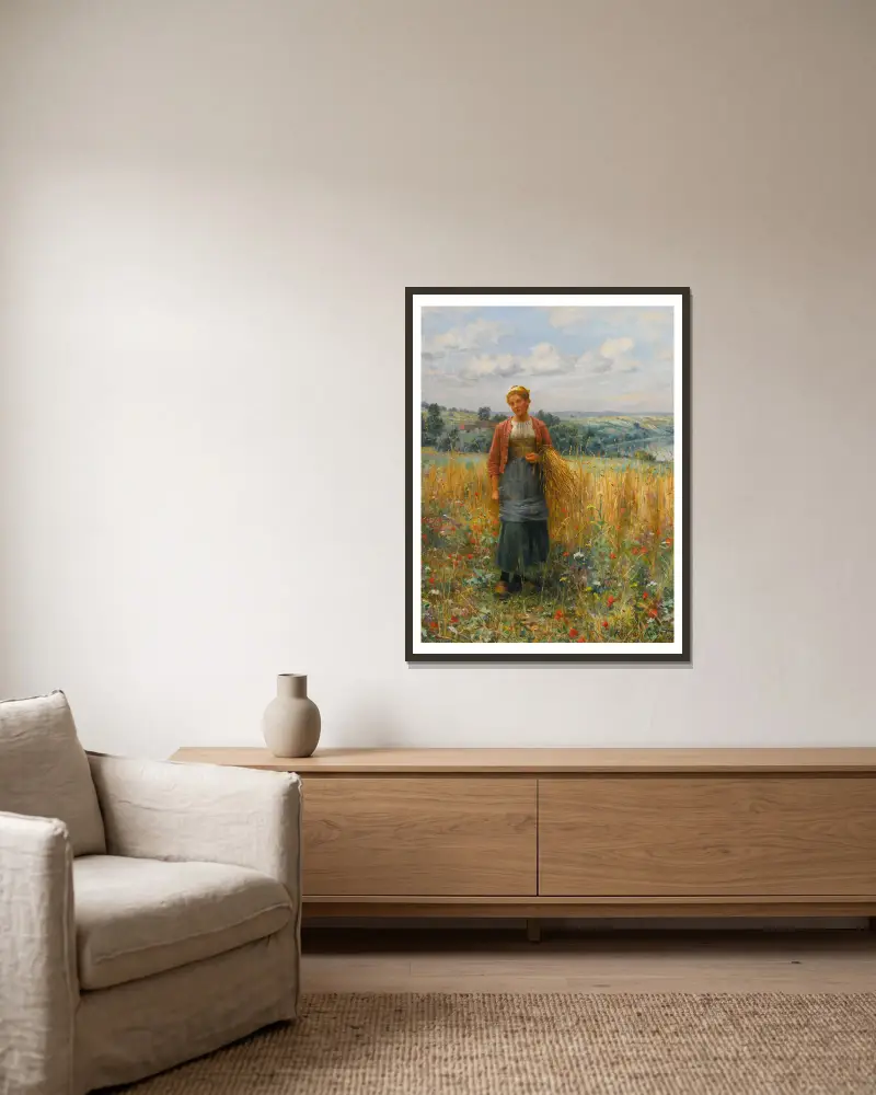 Jeannine Gleaning av Daniel Ridgway Knight inramad på en vägg