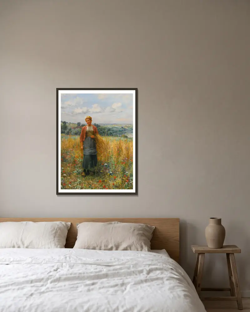 Jeannine Gleaning av Daniel Ridgway Knight inramad på en vägg