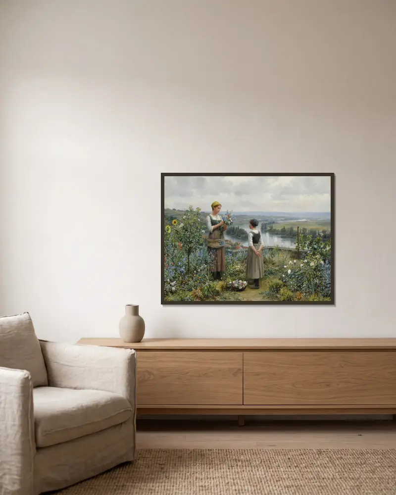 Trhání květin, Daniel Ridgway Knight v rámu na stěně