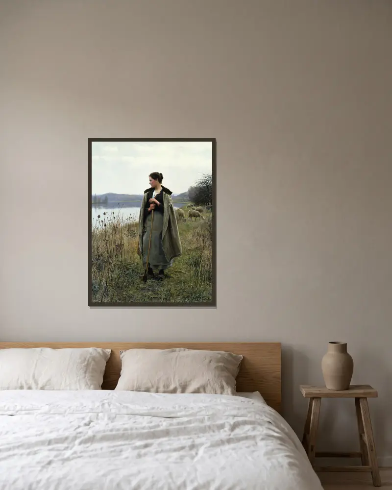 The Shepherdess Of Rolleboise av Daniel Ridgway Knight inramad på en vägg