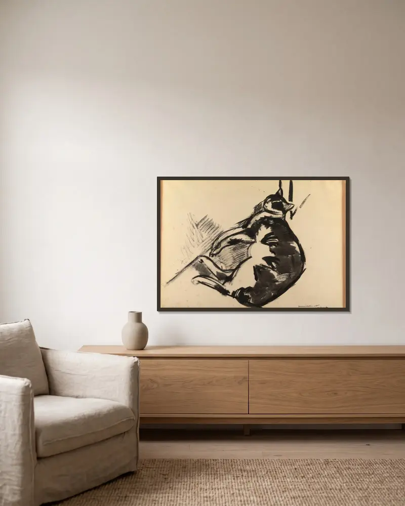 Liegende Katze von Rik Wouters gerahmt an einer Wand