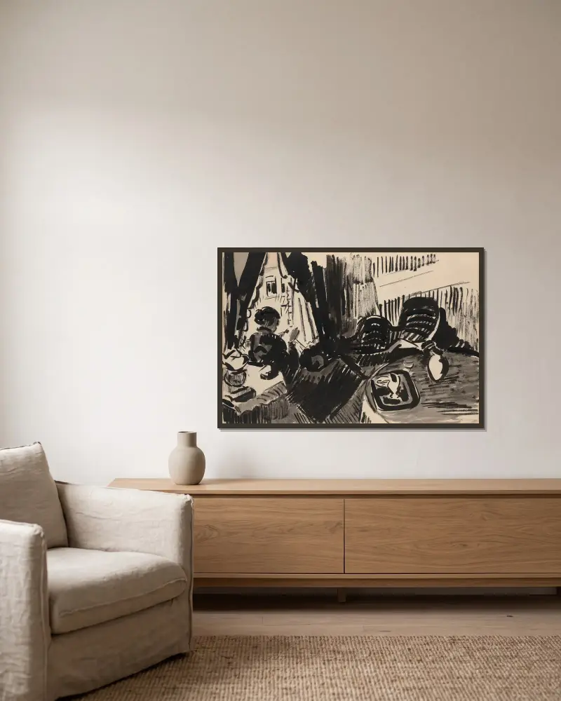 Nel nähend vor dem Schmetterlingssofa von Rik Wouters gerahmt an einer Wand