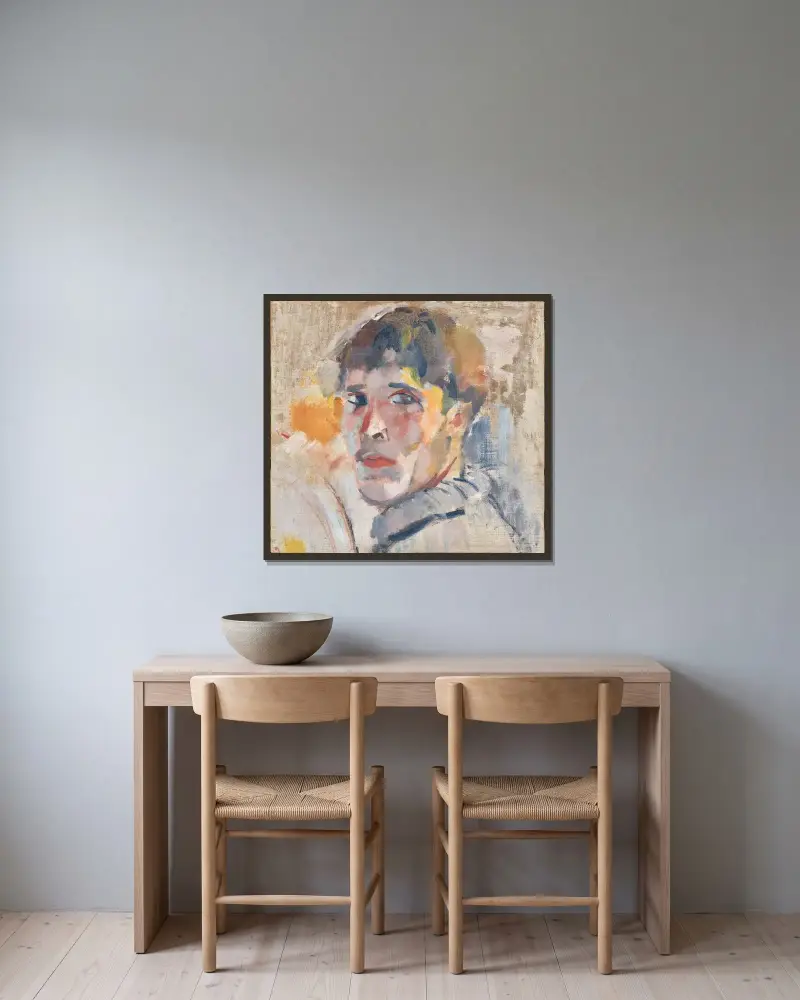 Porträtt av Rik (utan hatt) av Rik Wouters inramad på en vägg