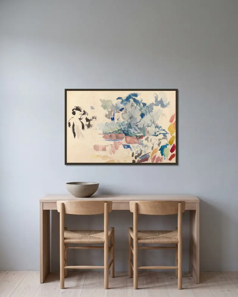 Dächer, Bäume und eine Frau von Rik Wouters gerahmt an einer Wand