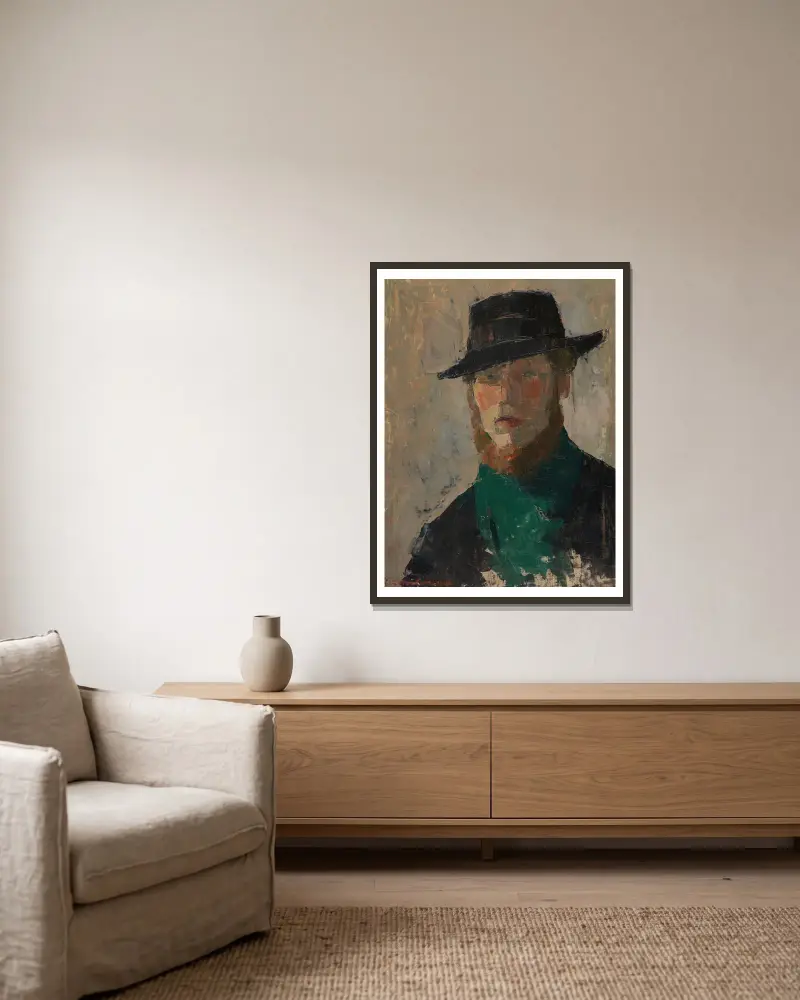 Selbstporträt mit schwarzem Hut von Rik Wouters gerahmt an einer Wand