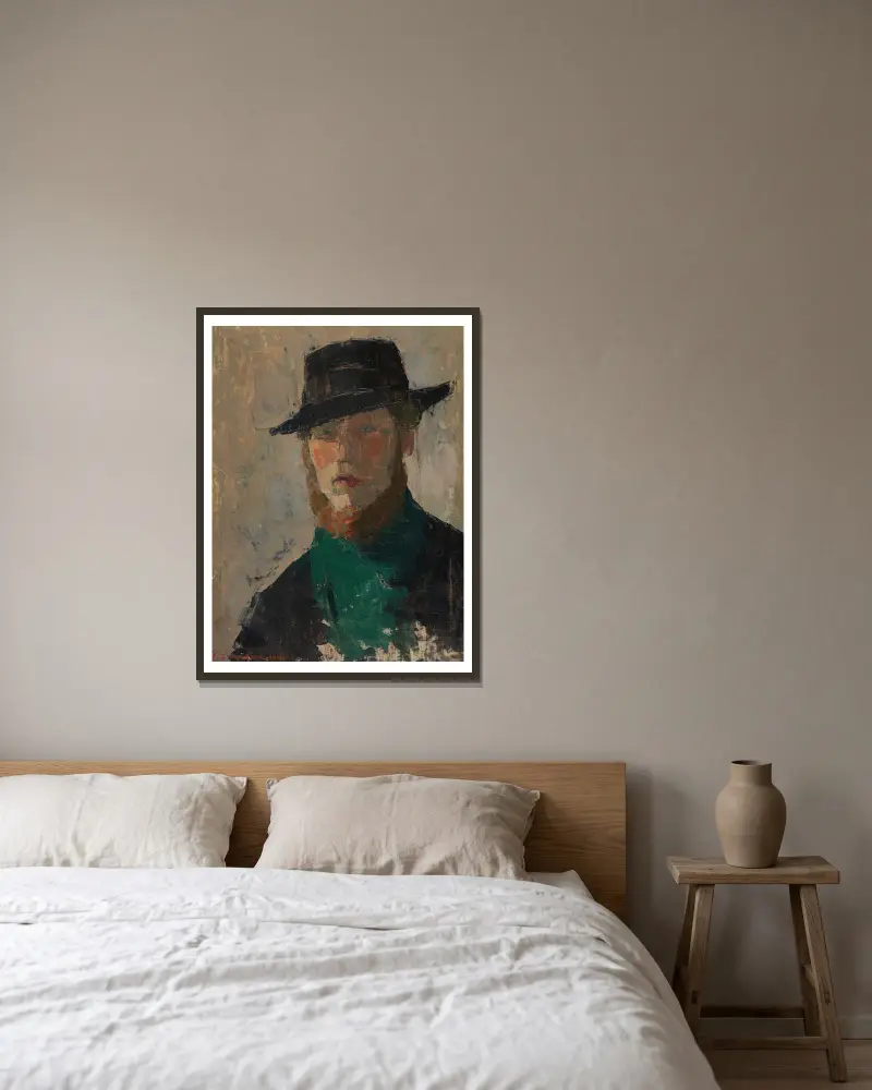 Selbstporträt mit schwarzem Hut von Rik Wouters gerahmt an einer Wand