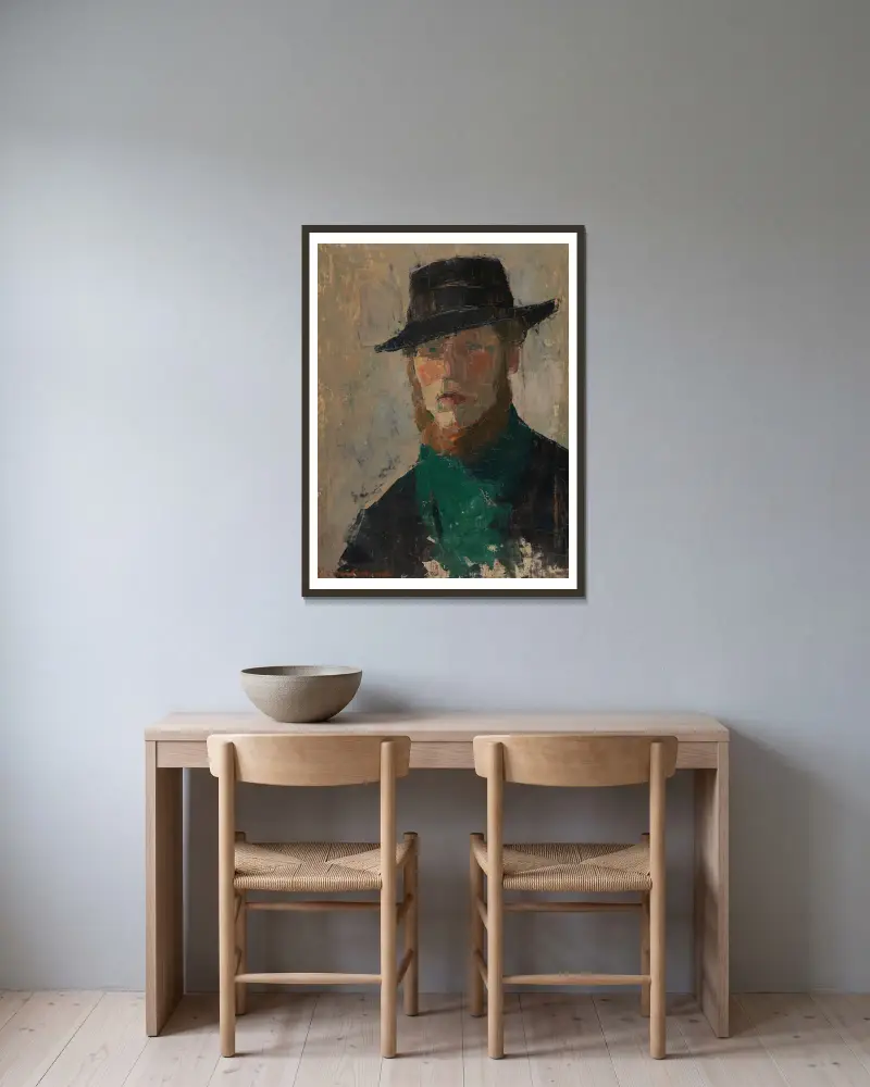 Selbstporträt mit schwarzem Hut von Rik Wouters gerahmt an einer Wand