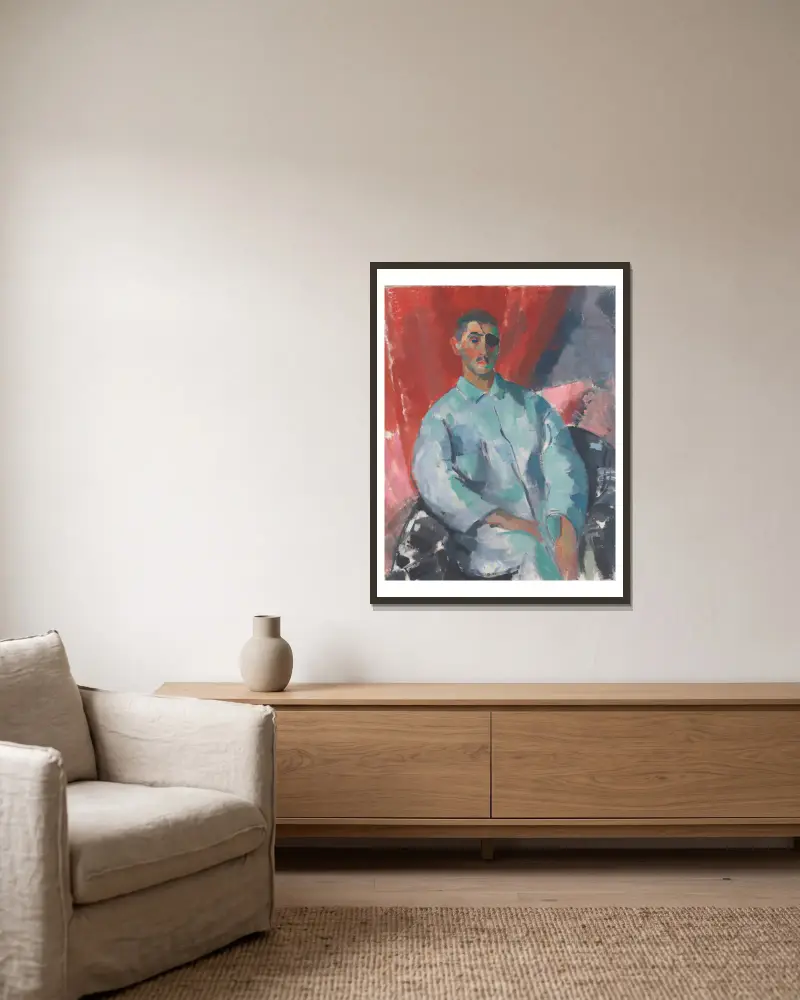 Selbstporträt mit schwarzer Augenklappe von Rik Wouters gerahmt an einer Wand
