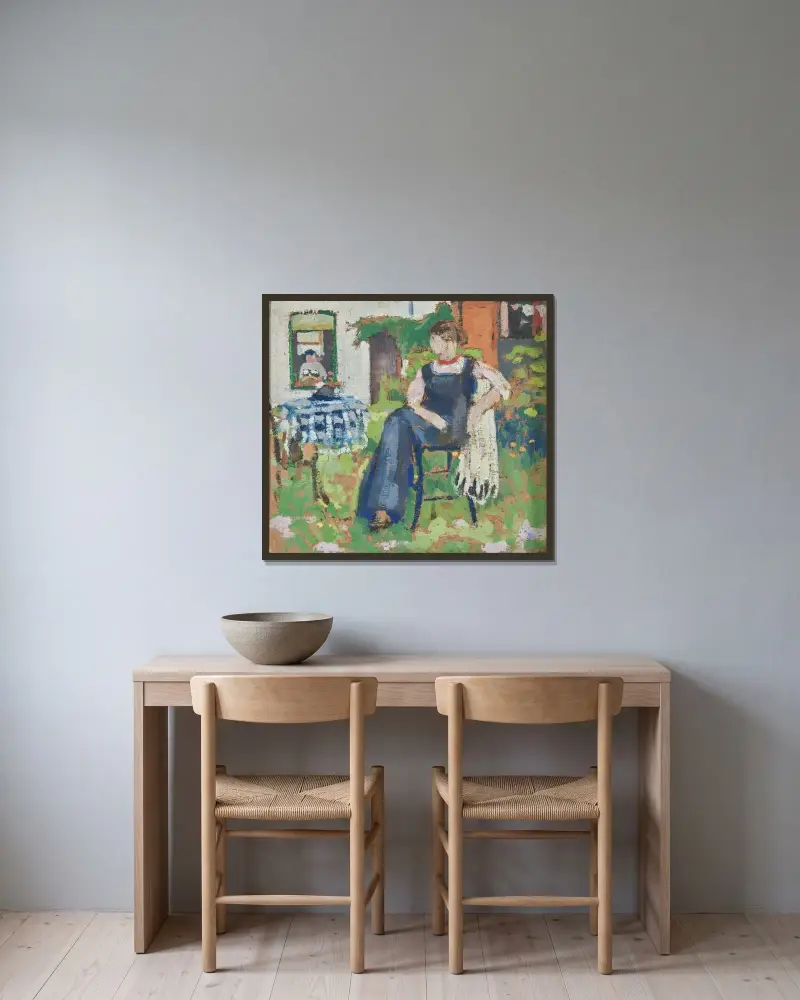 Studie av en kvinna i blått i en trädgård av Rik Wouters inramad på en vägg