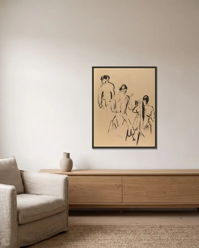 Studie mit drei nackten Figuren von Rik Wouters gerahmt an einer Wand
