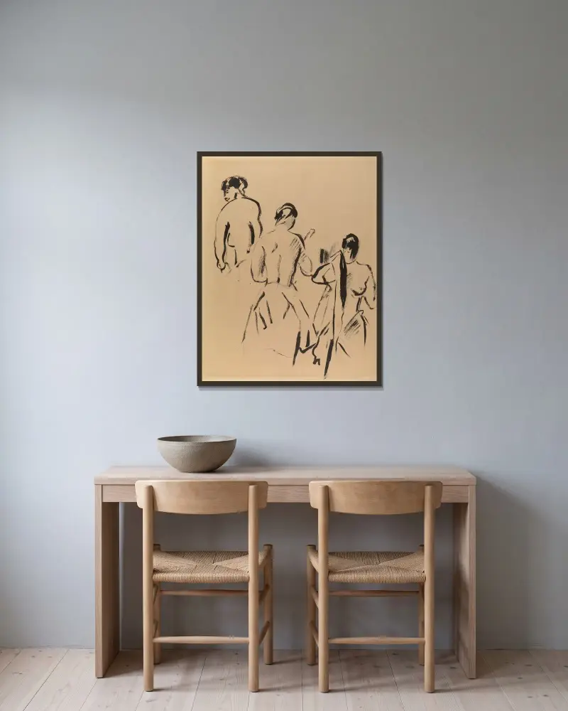 Studie mit drei nackten Figuren von Rik Wouters gerahmt an einer Wand