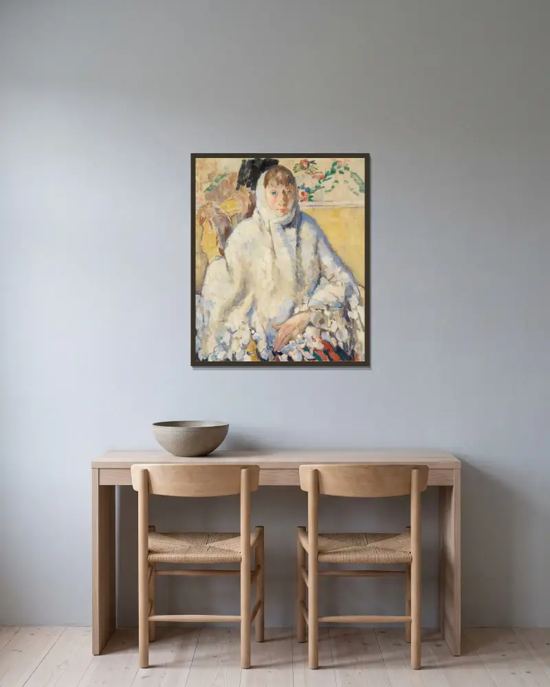 Den sjuka kvinnan med den vita sjalen av Rik Wouters inramad på en vägg