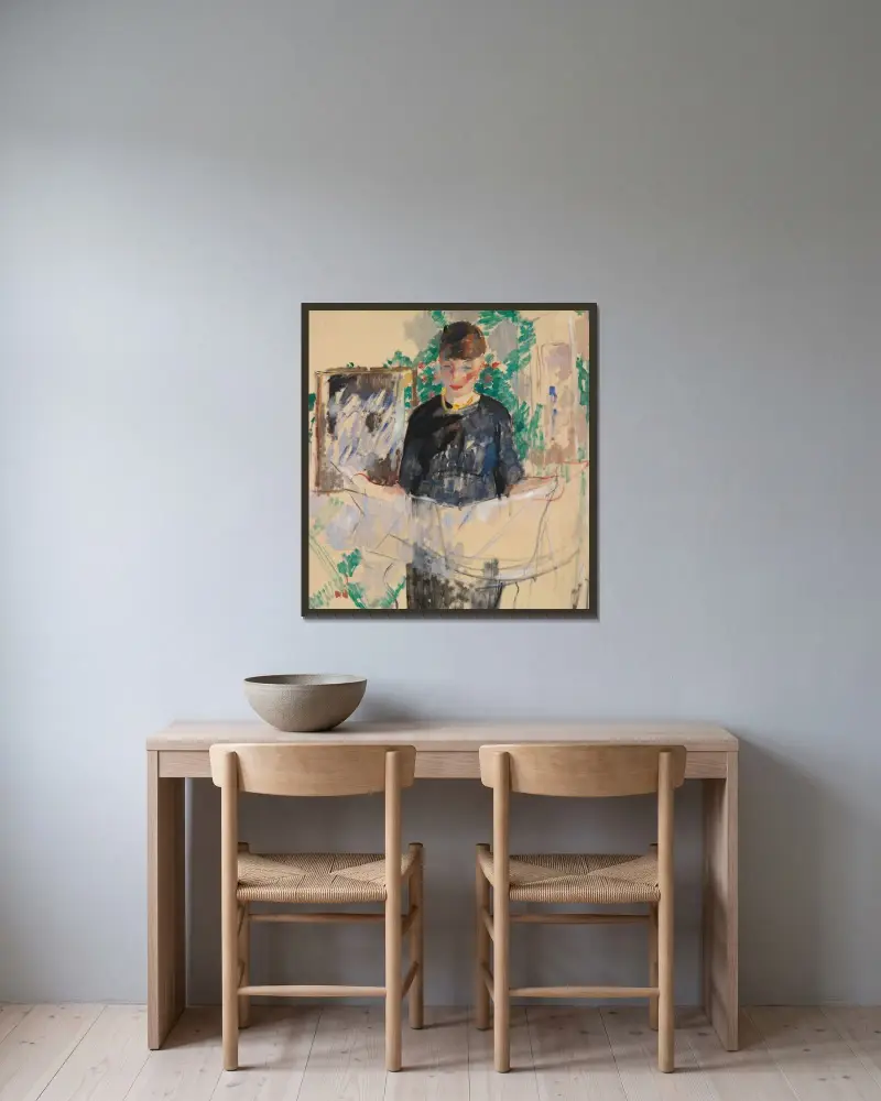 Kvinna i svart som läser tidning av Rik Wouters inramad på en vägg