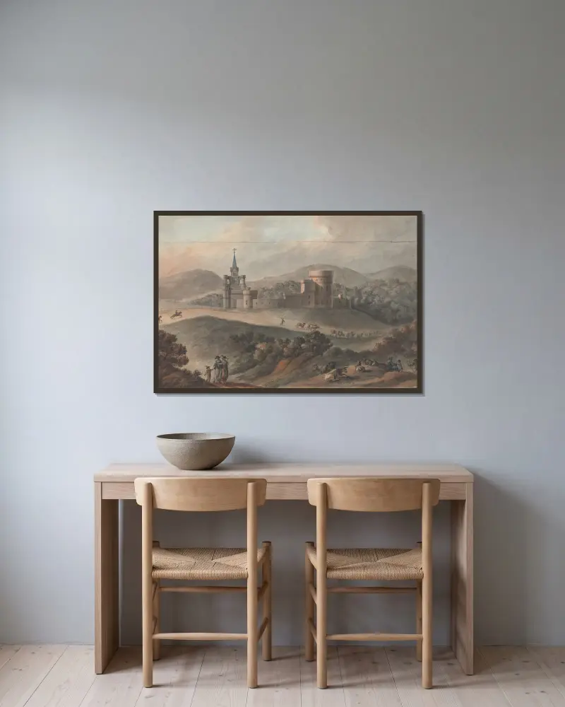 Studie för en stallgård i Kirkdale, Wigtownshire, Skottland av Robert Adam inramad på en vägg