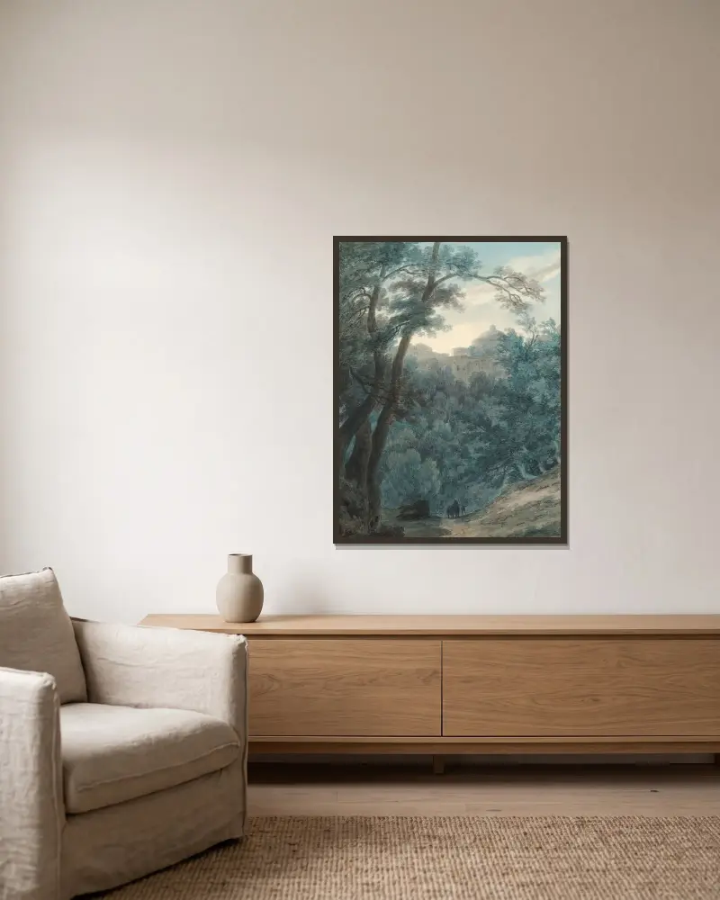 Ariccia (Waldlandschaft und Kloster) von John Robert Cozens gerahmt an einer Wand
