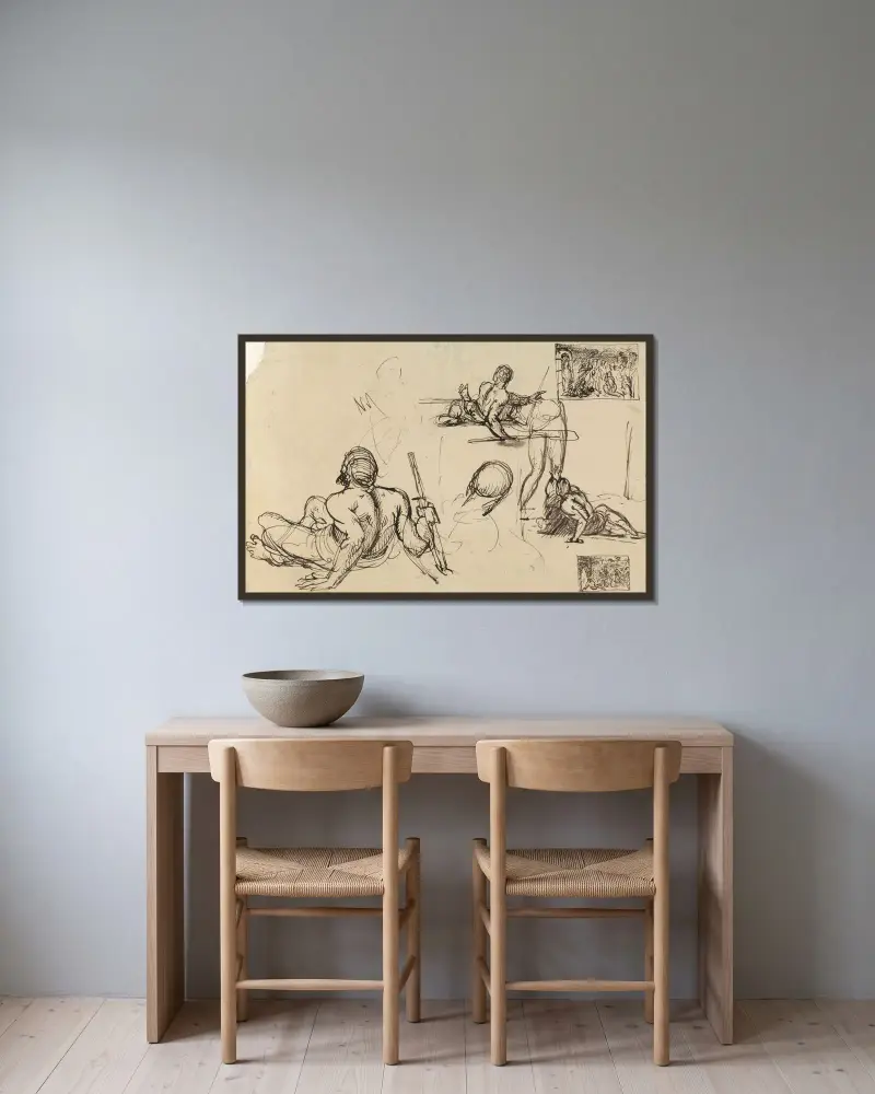 Figurstudier av en man som reser sig från marken av Benjamin Robert Haydon inramad på en vägg