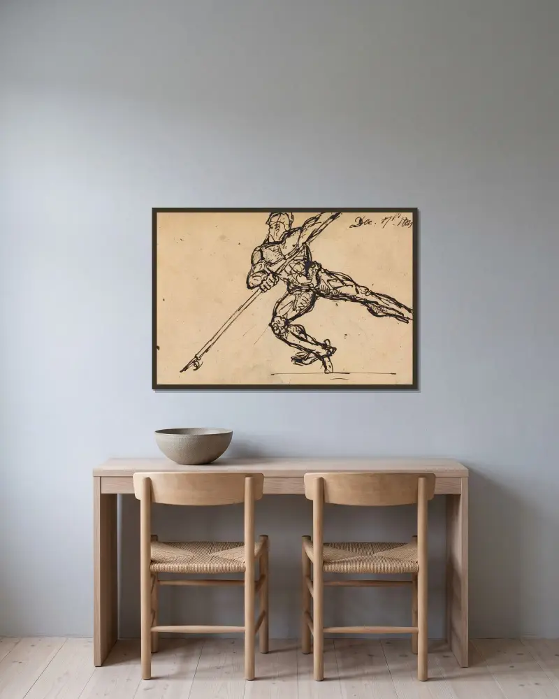 Figurstudier av naken man med spjut av Benjamin Robert Haydon inramad på en vägg