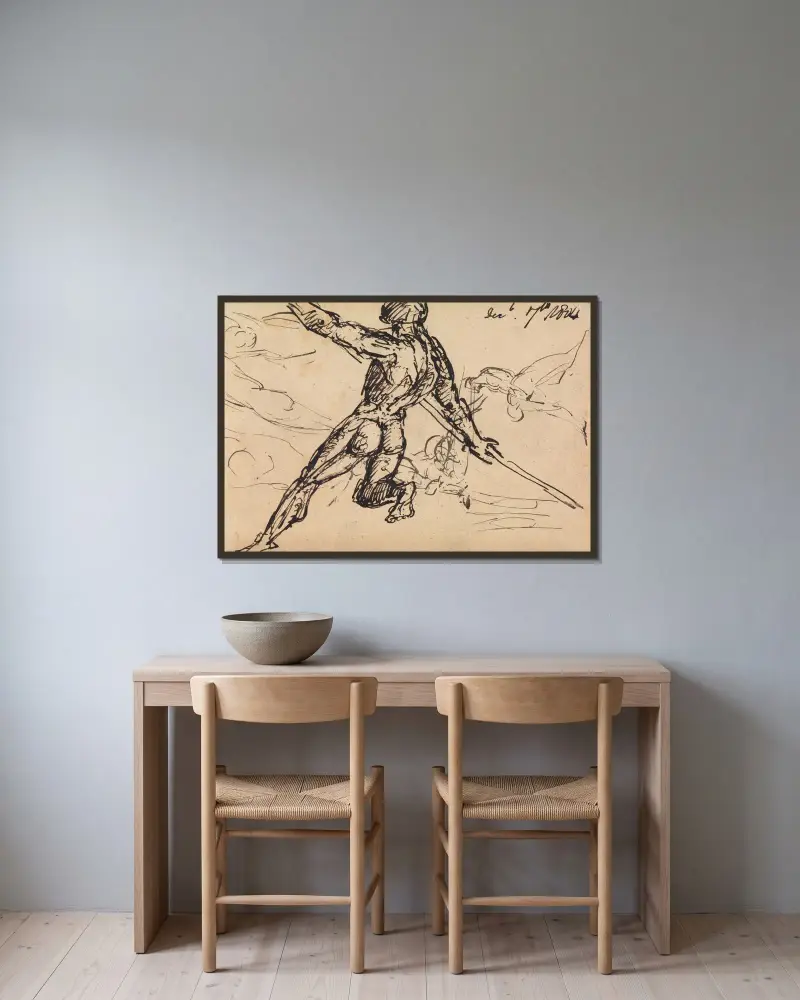 Figurstudier av naken man med spjut av Benjamin Robert Haydon inramad på en vägg