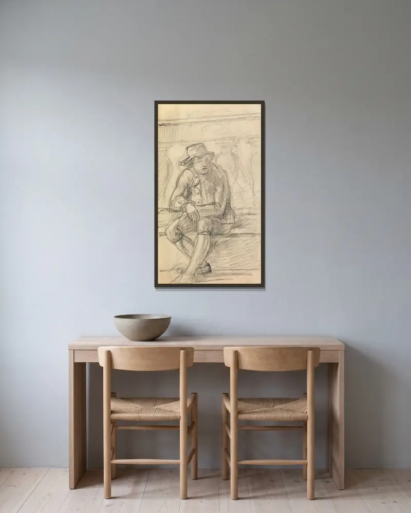 Figurstudie av ung man med hatt, sittande utomhus av Benjamin Robert Haydon inramad på en vägg