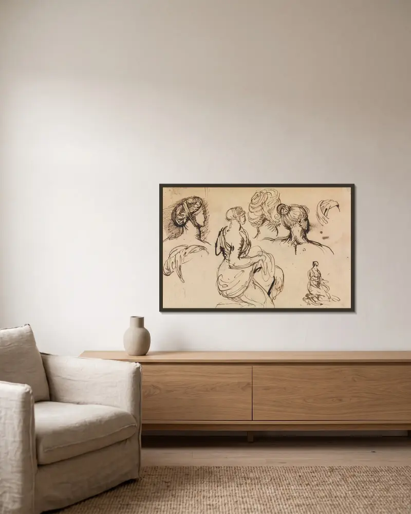 Figurstudie av kvinnor och deras frisyrer av Benjamin Robert Haydon inramad på en vägg