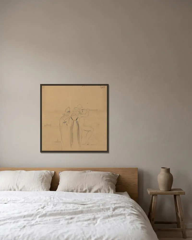 Studie av en man som tittar genom ett teleskop, i sällskap av två kvinnor av Benjamin Robert Haydon inramad på en vägg