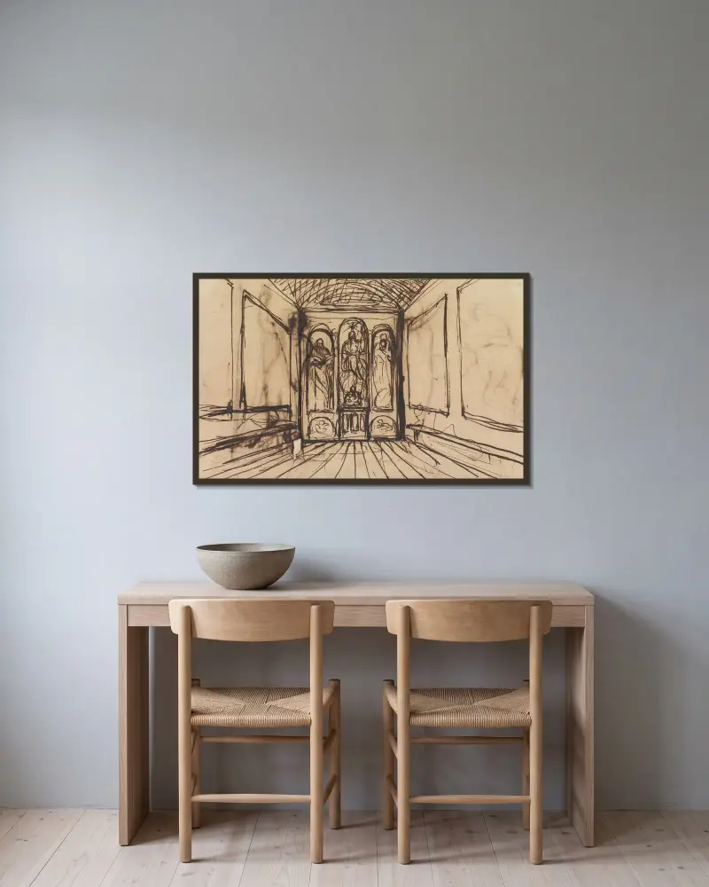 Studie av ett inre rum med religiösa bilder på väggpanelerna av Benjamin Robert Haydon inramad på en vägg