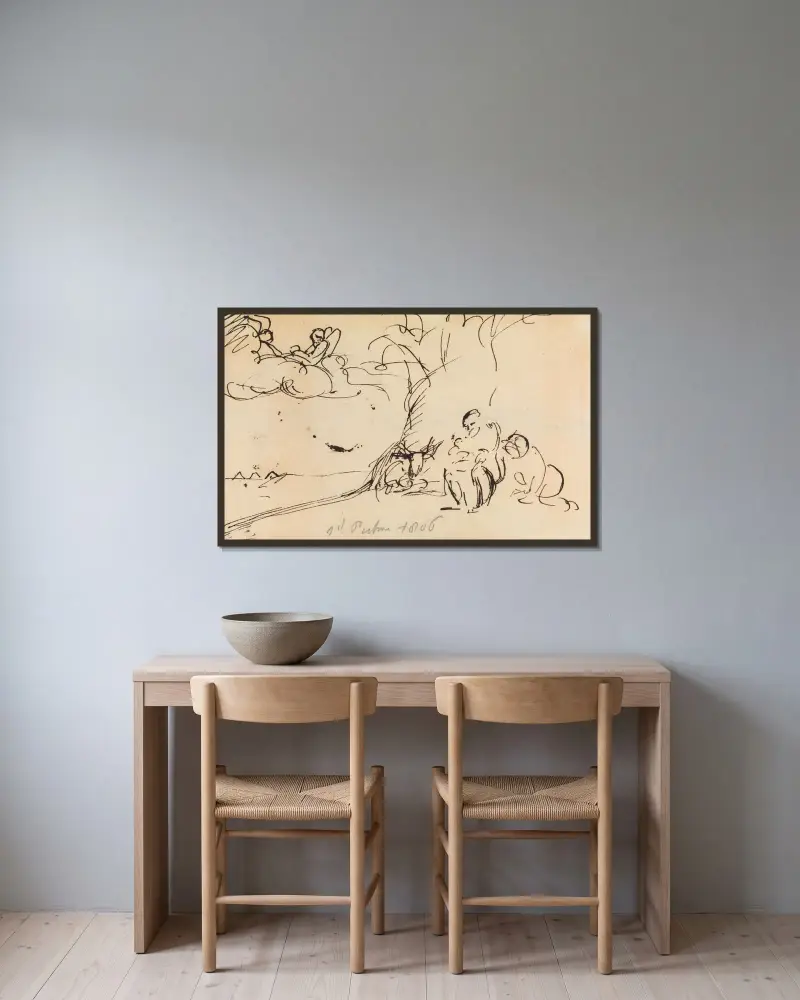 Studie av figurer som sitter under ett träd av Benjamin Robert Haydon inramad på en vägg