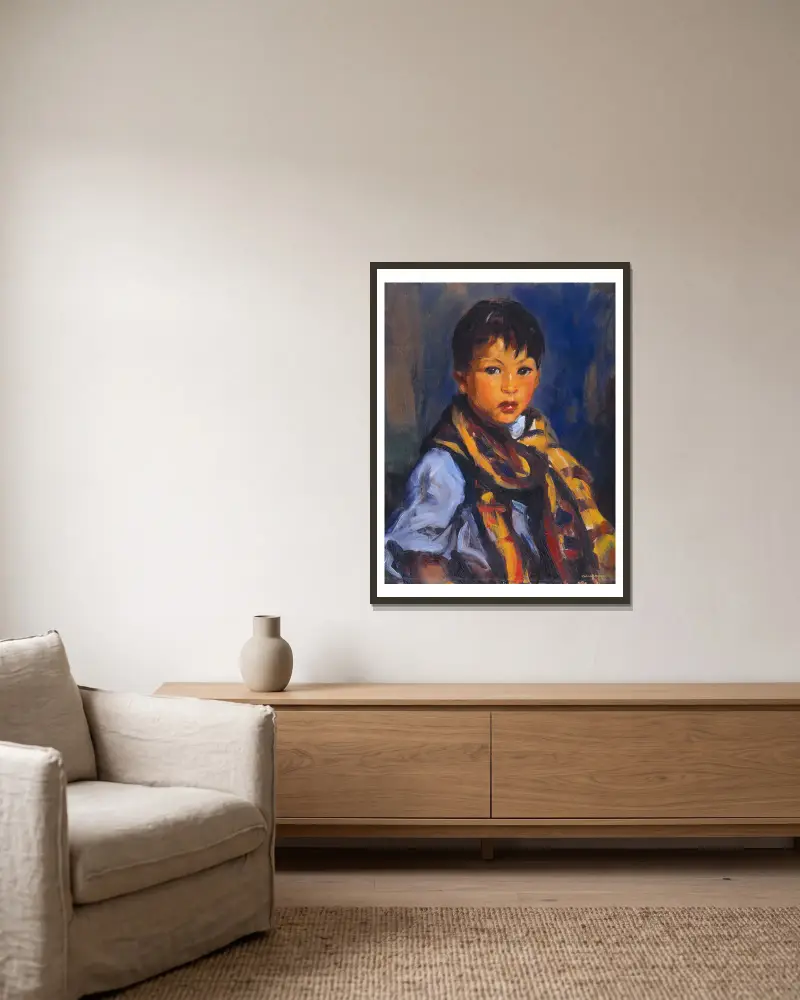 Chlapec s kostkovanou šálou, Robert Henri v rámu na stěně