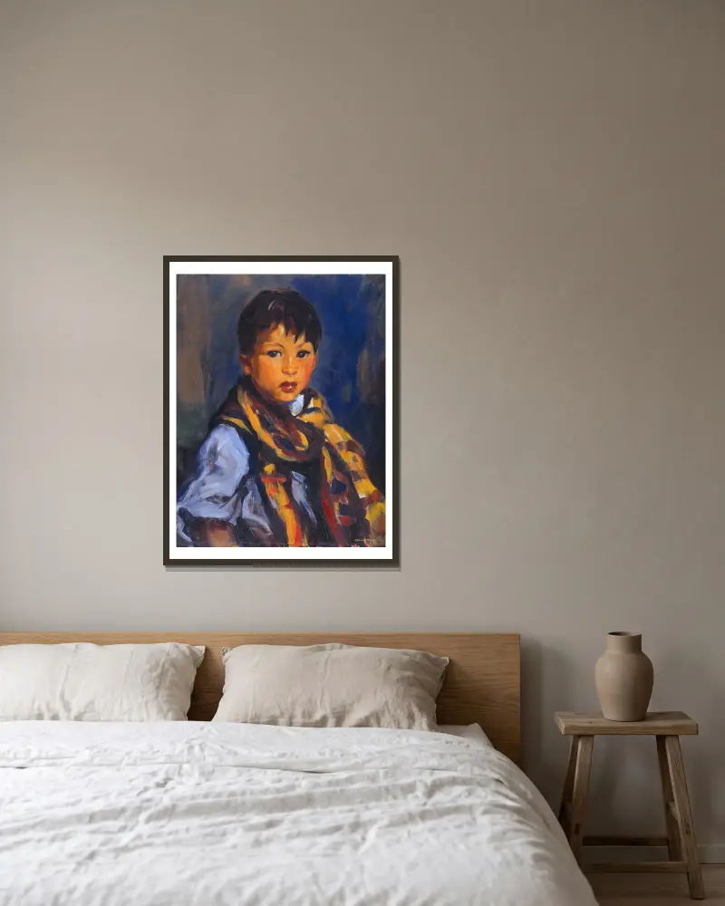 Chlapec s kostkovanou šálou, Robert Henri v rámu na stěně