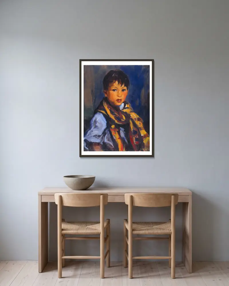Chlapec s kostkovanou šálou, Robert Henri v rámu na stěně