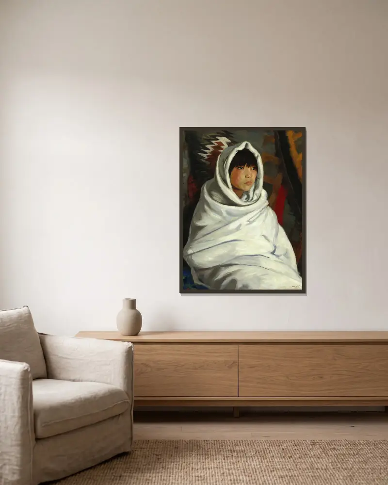 Indian Girl in White Blanket av Robert Henri inramad på en vägg