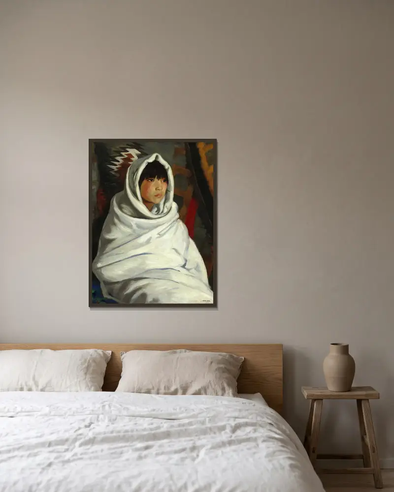 Indian Girl in White Blanket av Robert Henri inramad på en vägg