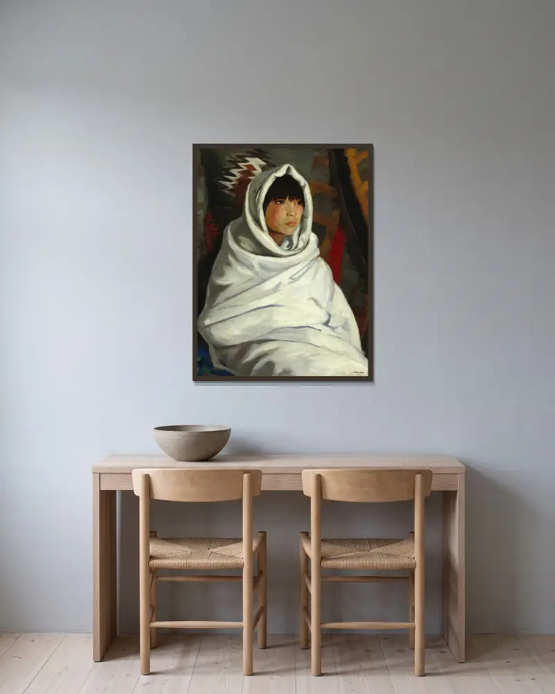 Indian Girl in White Blanket av Robert Henri inramad på en vägg