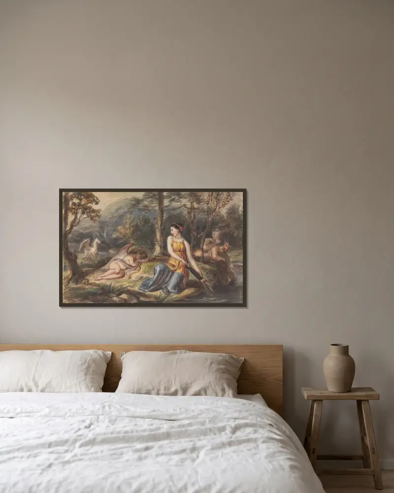 Diana, Goddess of the Hunt, with Satyrs, sleeping Cupid and a Pegasus in a Wooded Landscape av Robert Smirke inramad på en vägg