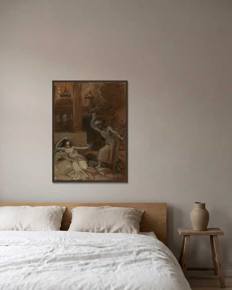Illustration till en österländsk romans, möjligen 'Tusen och en natt' (med kvinnlig figur liggande till vänster) av Robert Smirke inramad på en vägg