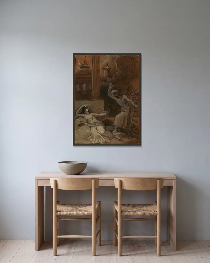 Illustration till en österländsk romans, möjligen 'Tusen och en natt' (med kvinnlig figur liggande till vänster) av Robert Smirke inramad på en vägg