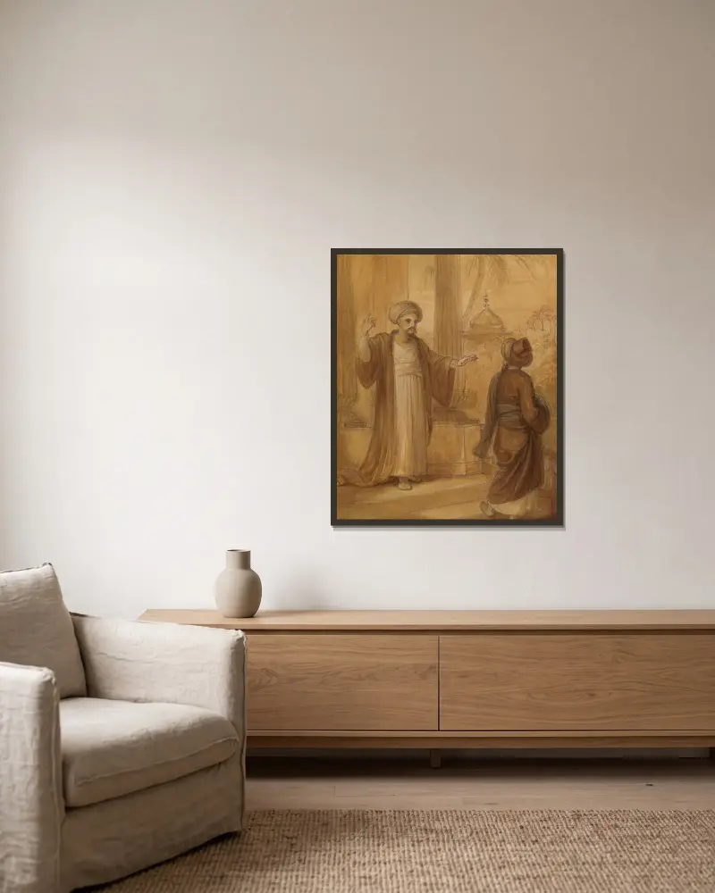 Illustration till en österländsk romans, möjligen 'Tusen och en natt', med två manliga figurer stående av Robert Smirke inramad på en vägg