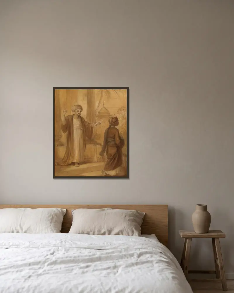 Illustration till en österländsk romans, möjligen 'Tusen och en natt', med två manliga figurer stående av Robert Smirke inramad på en vägg