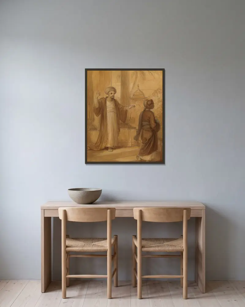 Illustration till en österländsk romans, möjligen 'Tusen och en natt', med två manliga figurer stående av Robert Smirke inramad på en vägg